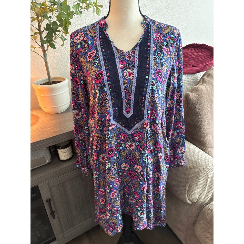Matilda Jane Floral Lace Trim Shift Dress Blue Pink Long Sleeve Rayon Medium